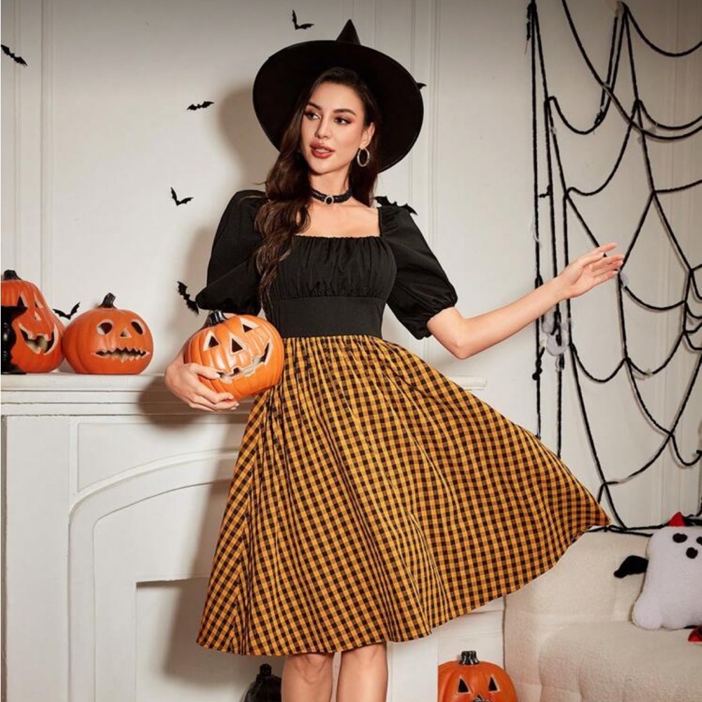 Black and Orange Plaid Dress with Puff Sleeves